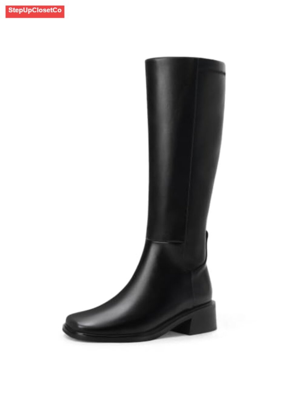 Women's Square Toe Knee High Boots Low Block Heel Side Zip Faux Leather